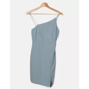 Hello Molly One Shoulder Mini Dress Teal Green Spaghetti Strap Slit Size XS